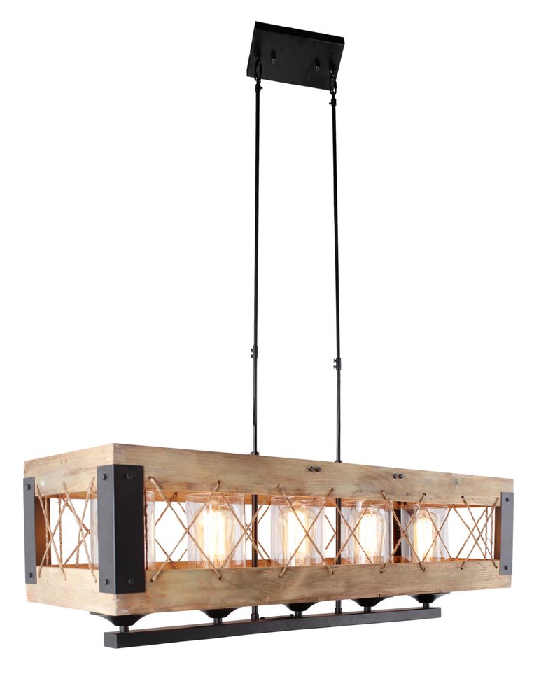 Brown And Black Kitchen Island Five Light Wood and Seeded Glass Chandelier With Brown Shades on a white background