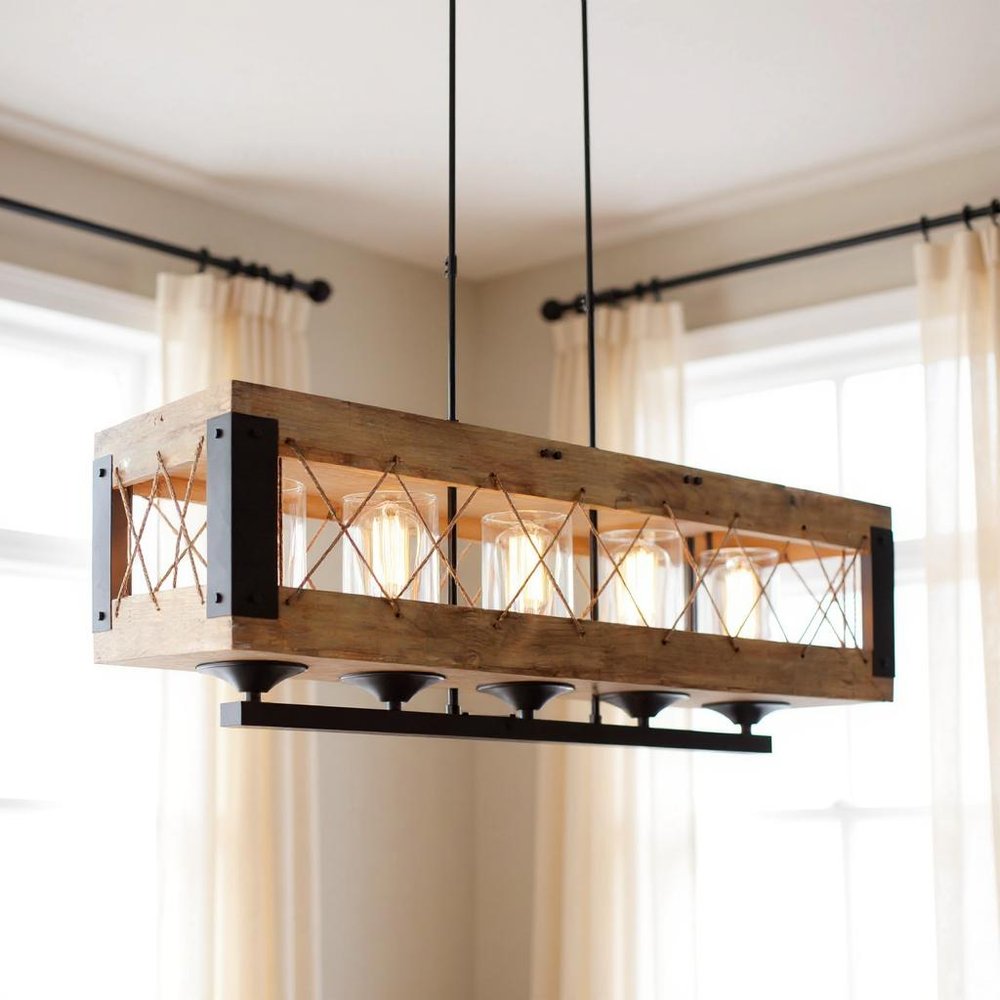 Brown And Black Kitchen Island Five Light Wood and Seeded Glass Chandelier With Brown Shades on a white background