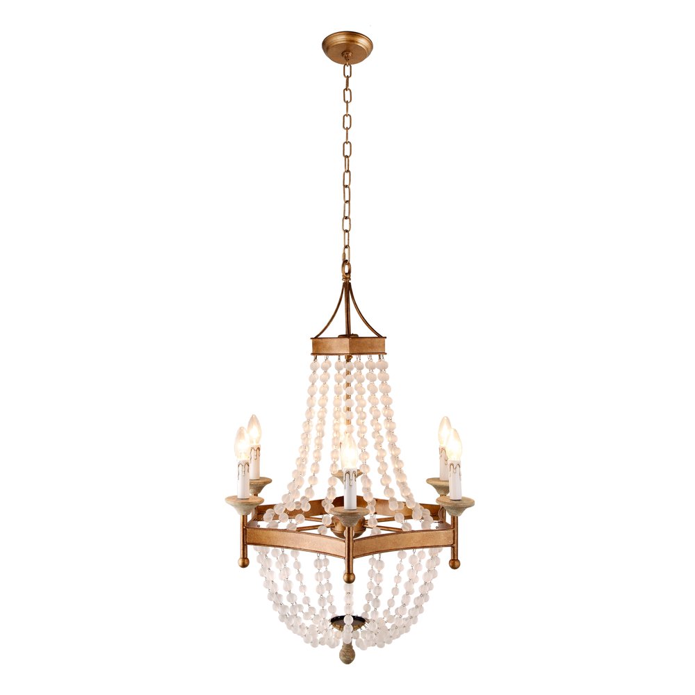 Gold And White Candle Style Six Light Metal and Frosted Glass Chandelier