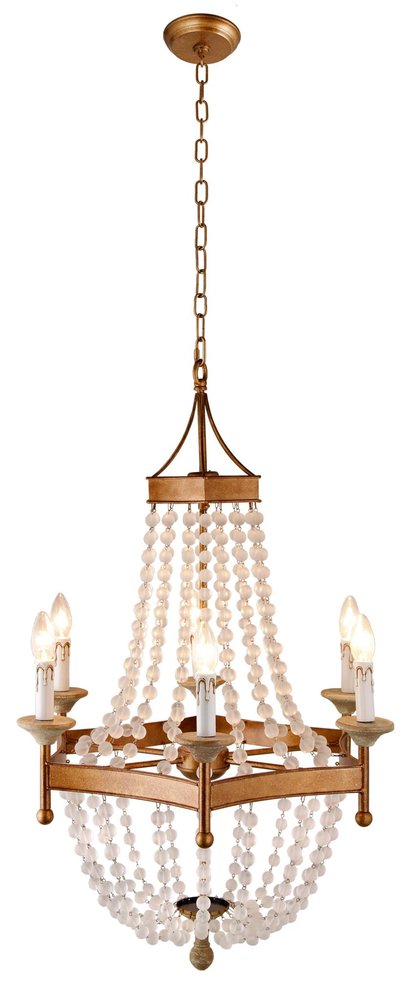 Gold And White Candle Style Six Light Metal and Frosted Glass Chandelier