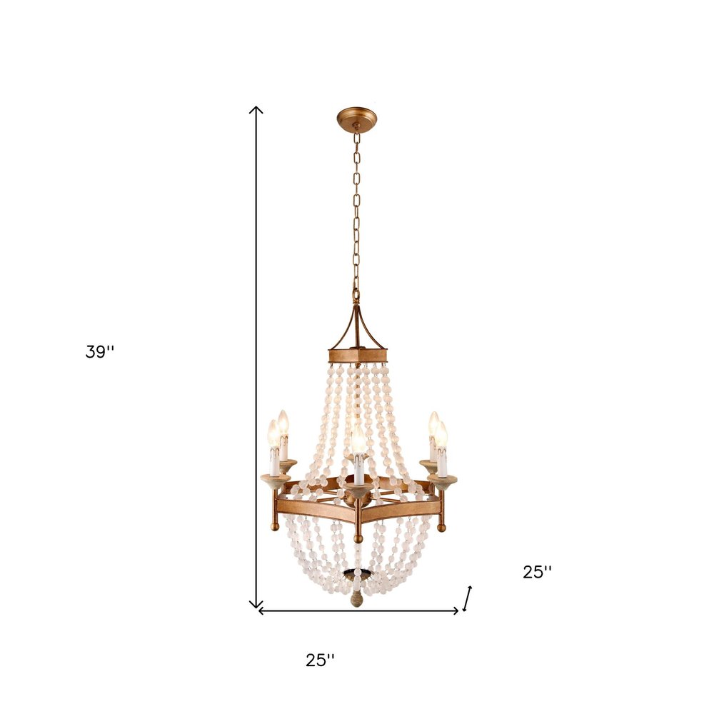 Gold And White Candle Style Six Light Metal and Frosted Glass Chandelier