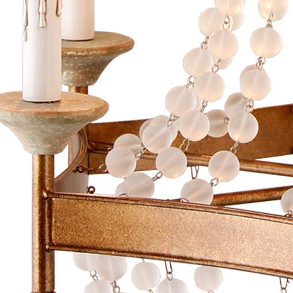 Gold And White Candle Style Six Light Metal and Frosted Glass Chandelier