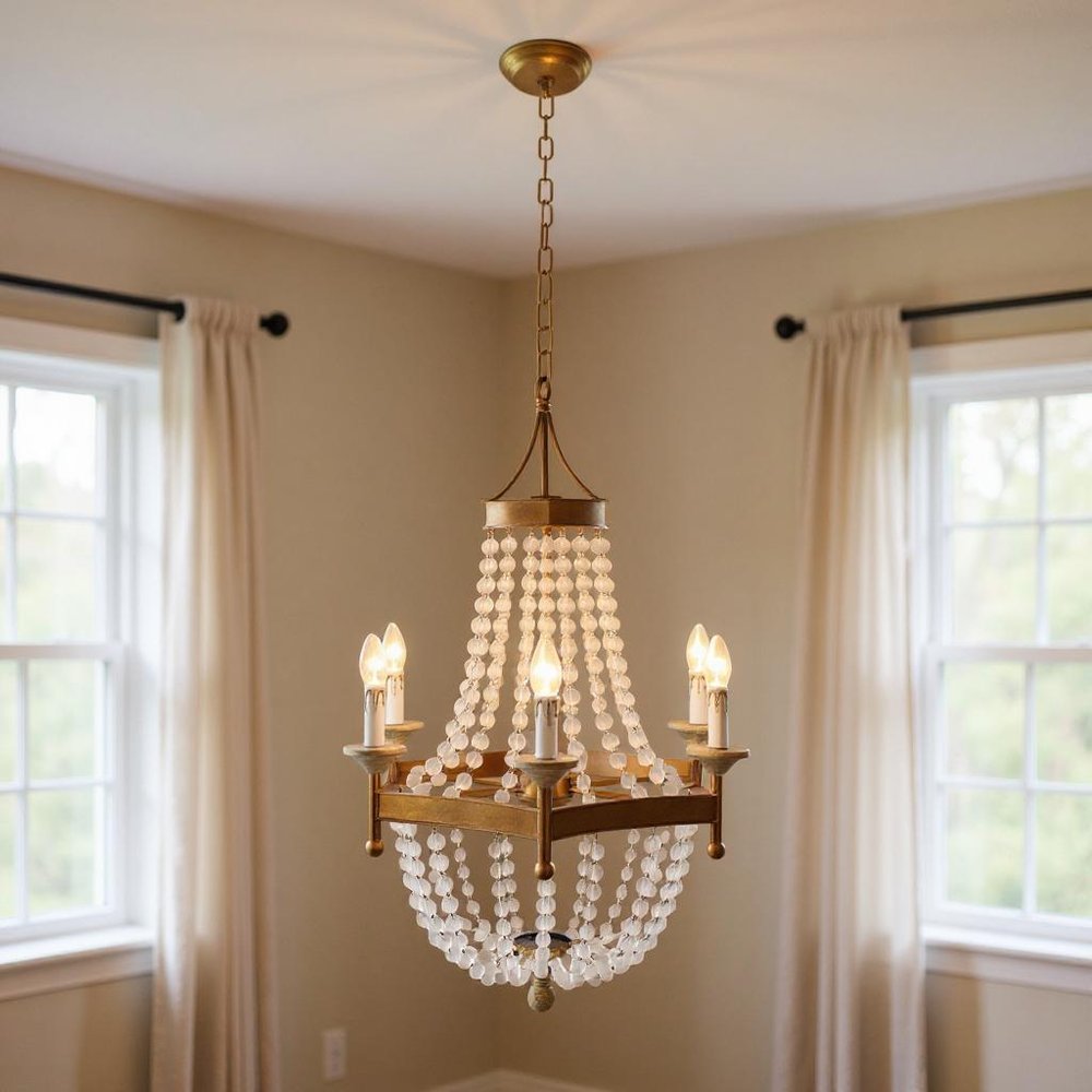 Gold And White Candle Style Six Light Metal and Frosted Glass Chandelier
