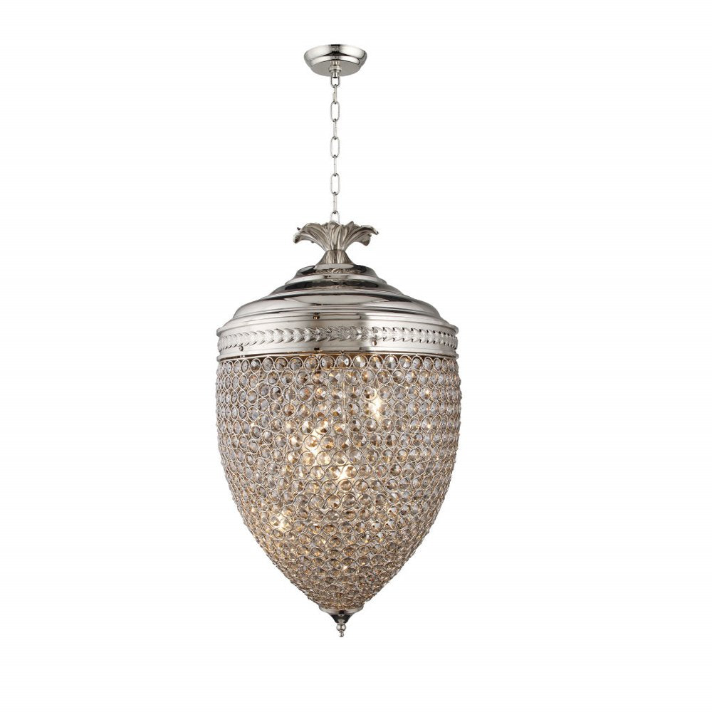 Silver Unique Statement Three Light Metal and Crystal Glass Chandelier With Clear Shades on a white background