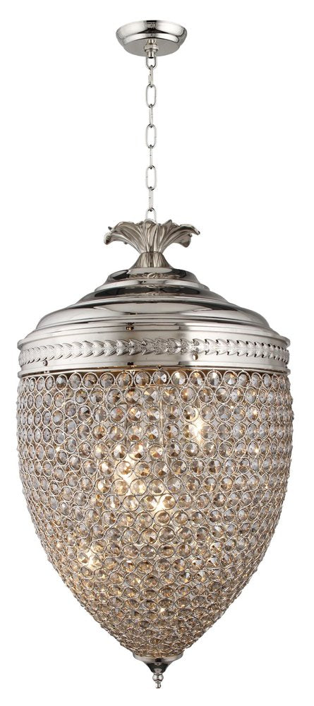 Silver Unique Statement Three Light Metal and Crystal Glass Chandelier With Clear Shades on a white background