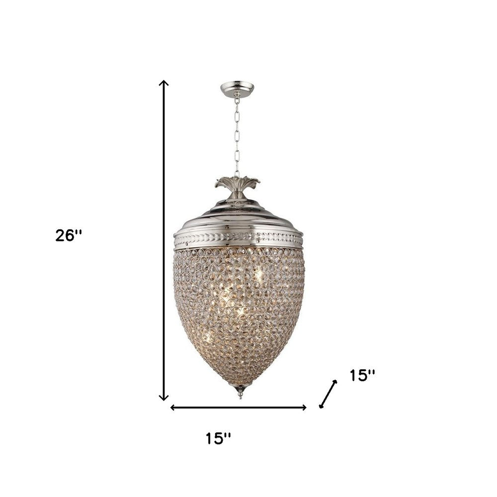 Silver Unique Statement Three Light Metal and Crystal Glass Chandelier With Clear Shades on a white background