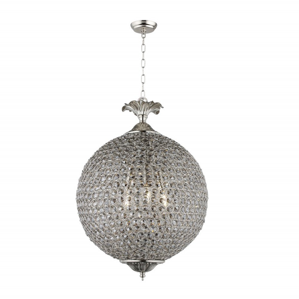 Silver metal chandelier with a spherical crystal glass shade, hanging from a chain against a white background.
