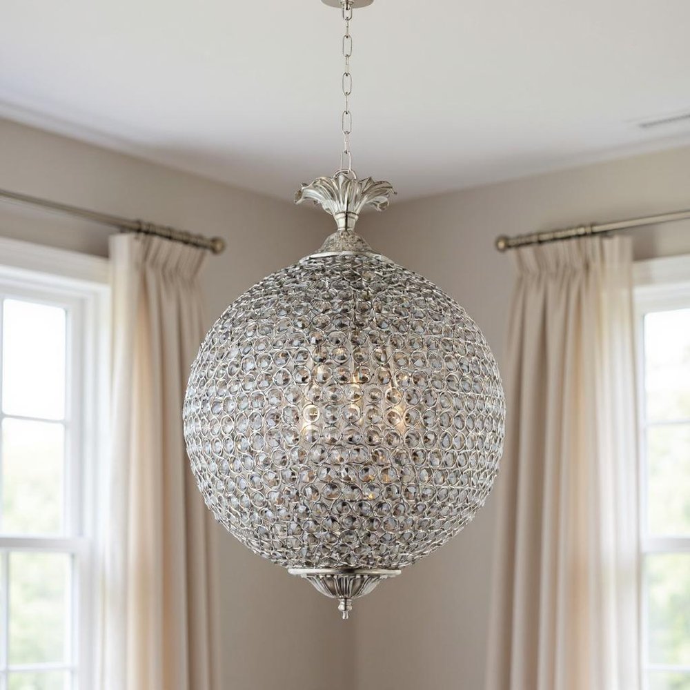 Silver Unique Statement Three Light Metal and Crystal Glass Chandelier With Clear Shades - 22.00" H x 17.00" W x 17.00" D