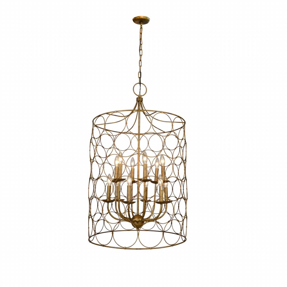 Gold Candle Style Twelve Light Metal Chandelier With Gold Shades