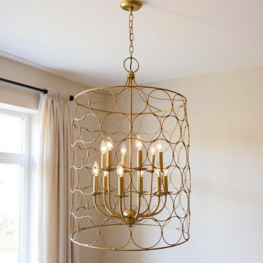 Gold Candle Style Twelve Light Metal Chandelier With Gold Shades