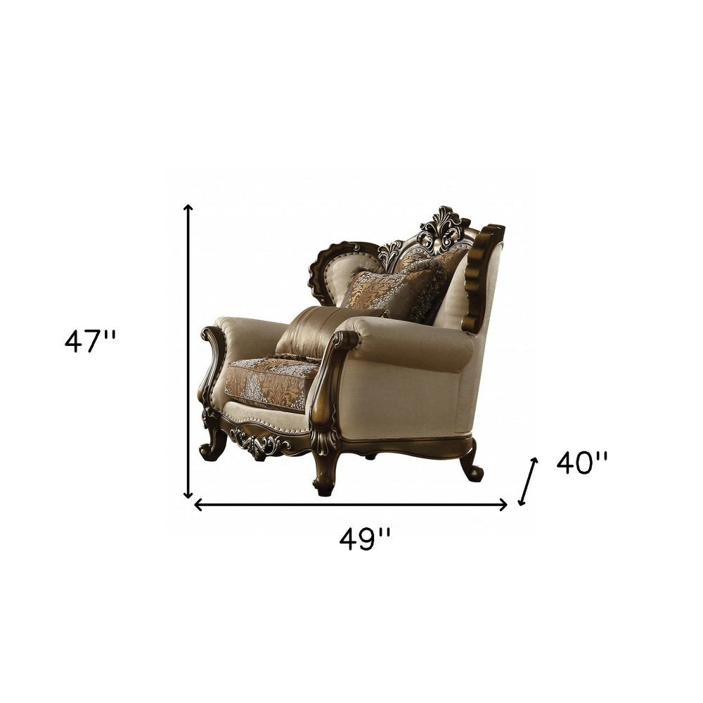 49" Tan and Brown Fabric Damask Tufted Wingback Chair And Toss Pillows. Accent chair isolated on a plain white background, finished in brown fabric.