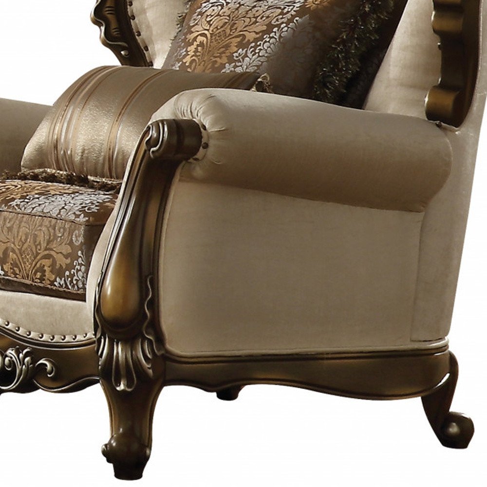 49" Tan and Brown Fabric Damask Tufted Wingback Chair And Toss Pillows. Accent chair in brown fabric.