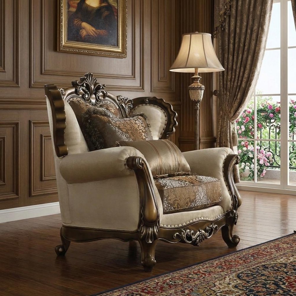 49" Tan and Brown Fabric Damask Tufted Wingback Chair And Toss Pillows styled in a furnished interior on a dark wood floor against a dark brown wall.