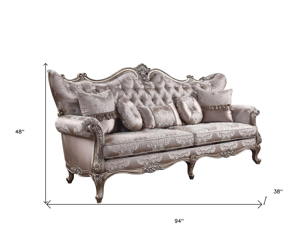 94" Dark Gray Imitation Silk Damask Sofa And Toss Pillows With Champagne Legs on a white background