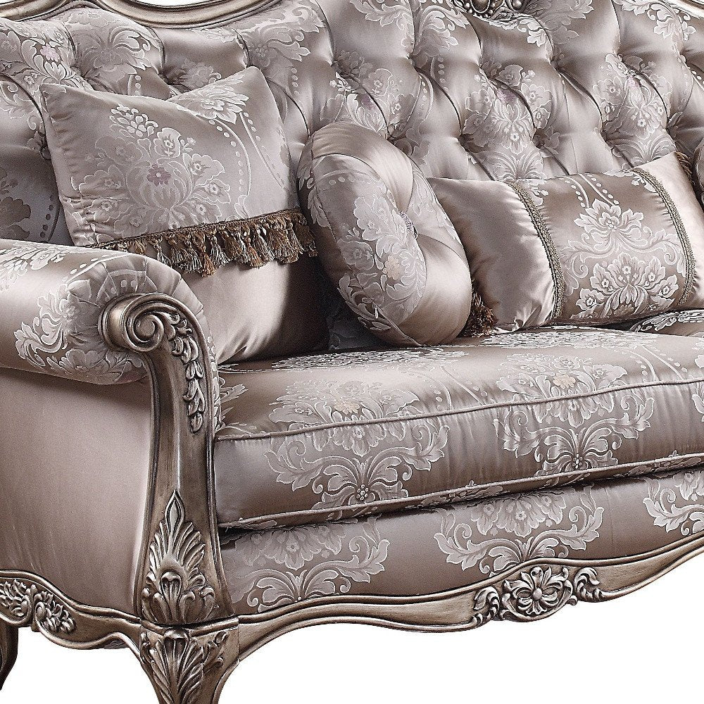 94" Dark Gray Imitation Silk Damask Sofa And Toss Pillows With Champagne Legs close-up detail