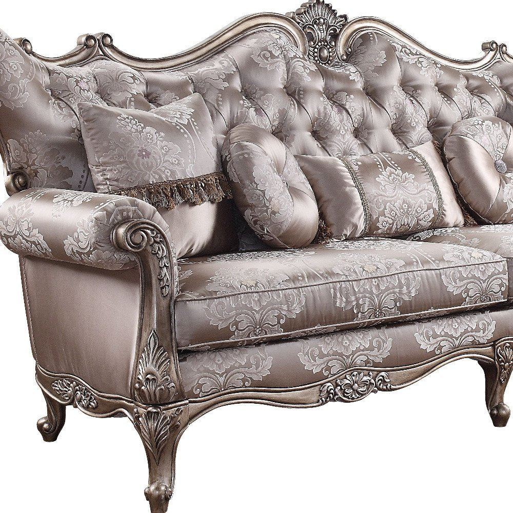 94" Dark Gray Imitation Silk Damask Sofa And Toss Pillows With Champagne Legs on a white background