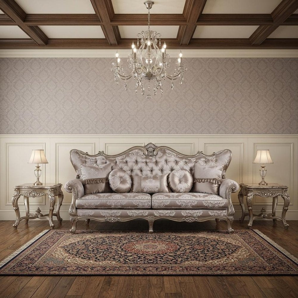 94" Dark Gray Imitation Silk Damask Sofa And Toss Pillows With Champagne Legs close-up detail