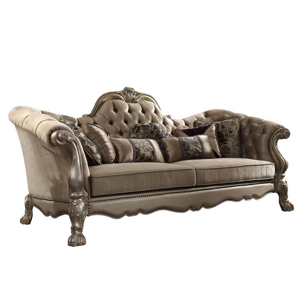 96" Bone Velvet Sofa And Toss Pillows With Gold Legs on a white background