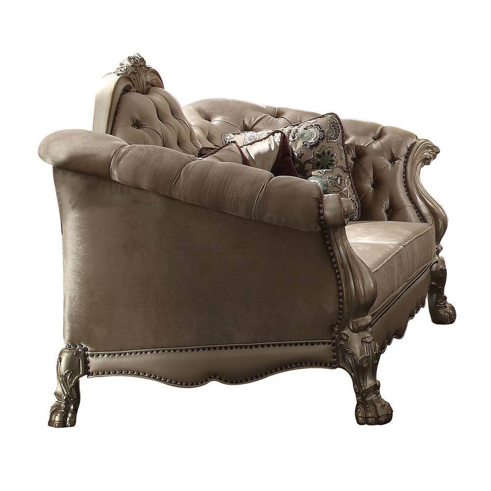 96" Bone Velvet Sofa And Toss Pillows With Gold Legs on a white background