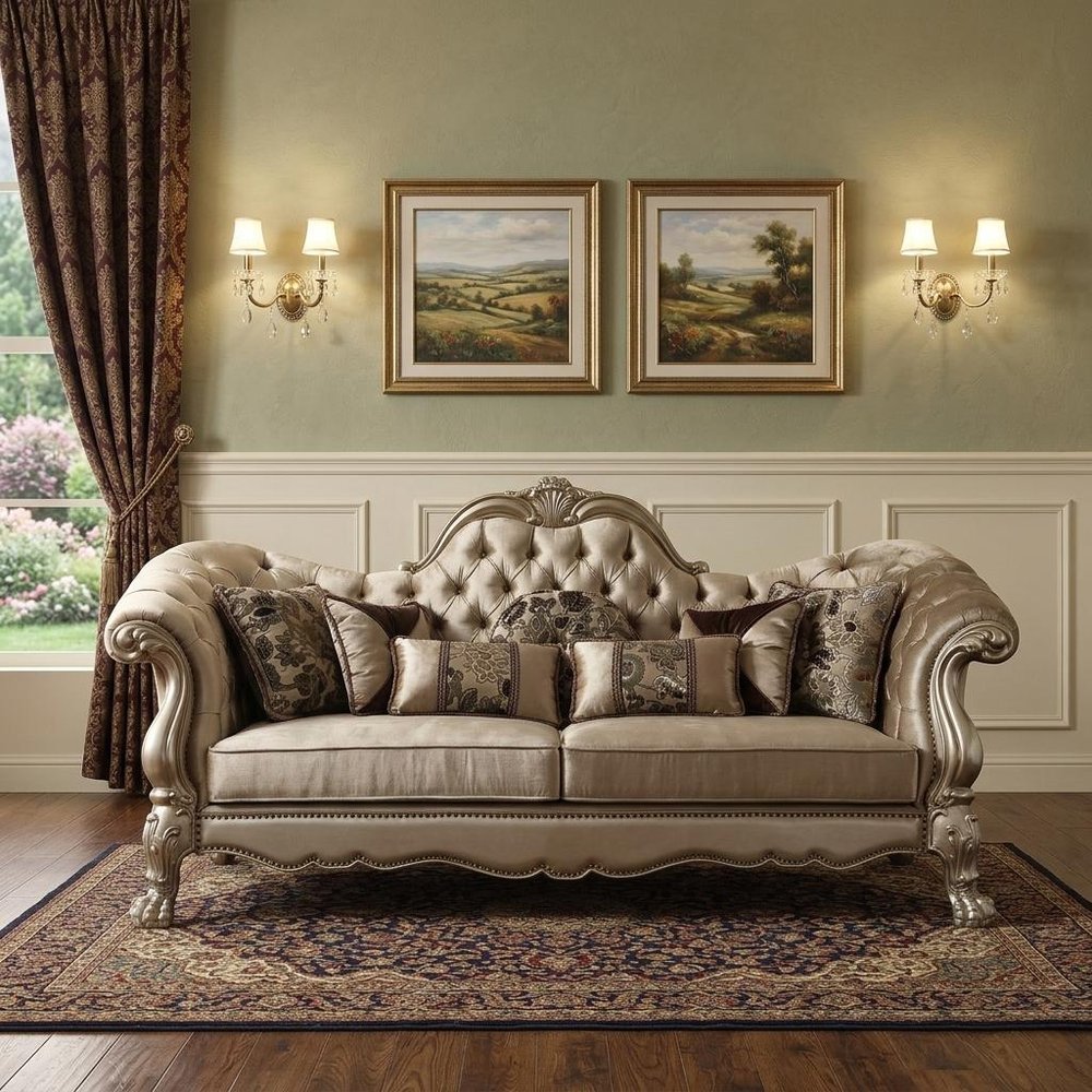 96" Bone Velvet Sofa And Toss Pillows With Gold Legs in a home interior