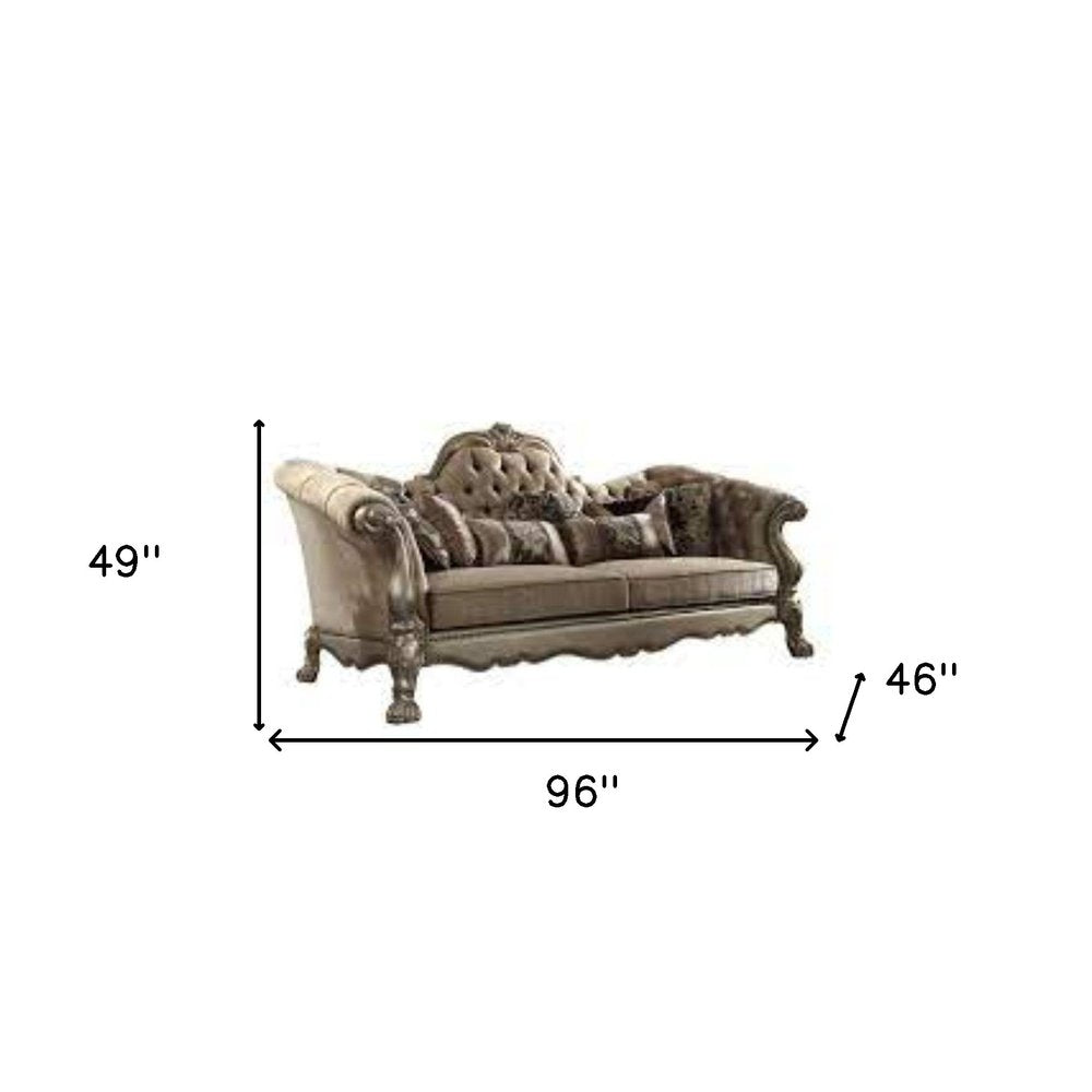 96" Bone Velvet Sofa And Toss Pillows With Gold Legs on a white background