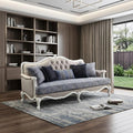 88" Cream Linen Damask Sofa And Toss Pillows With White Legs