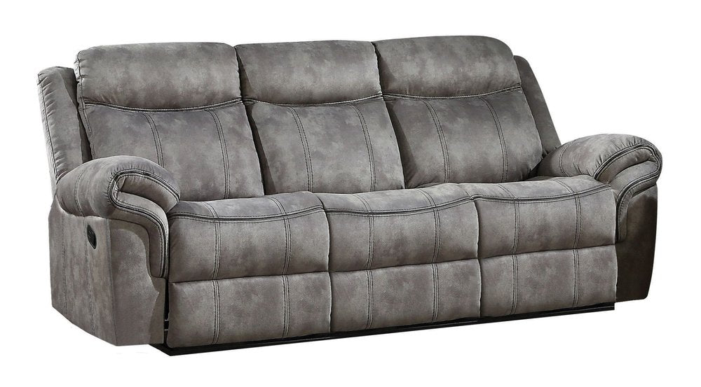 87" Gray Velvet Reclining USB Sofa With Black Legs on a white background