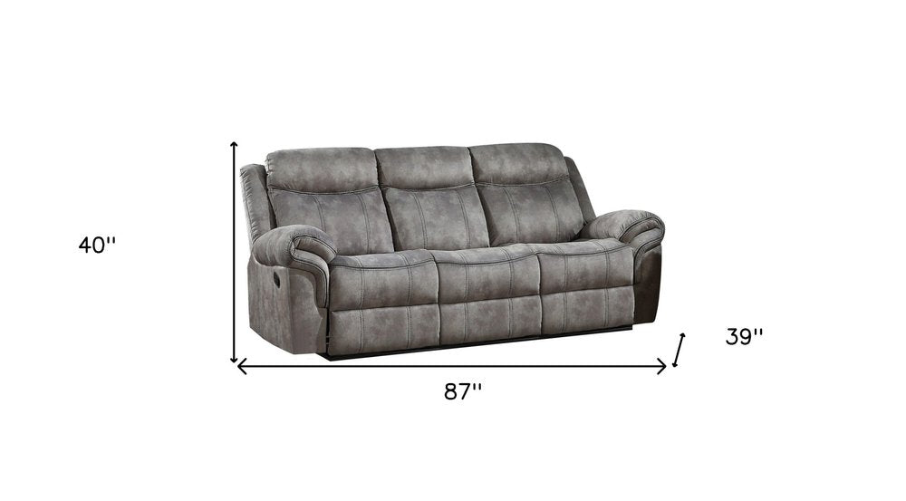 87" Gray Velvet Reclining USB Sofa With Black Legs on a white background