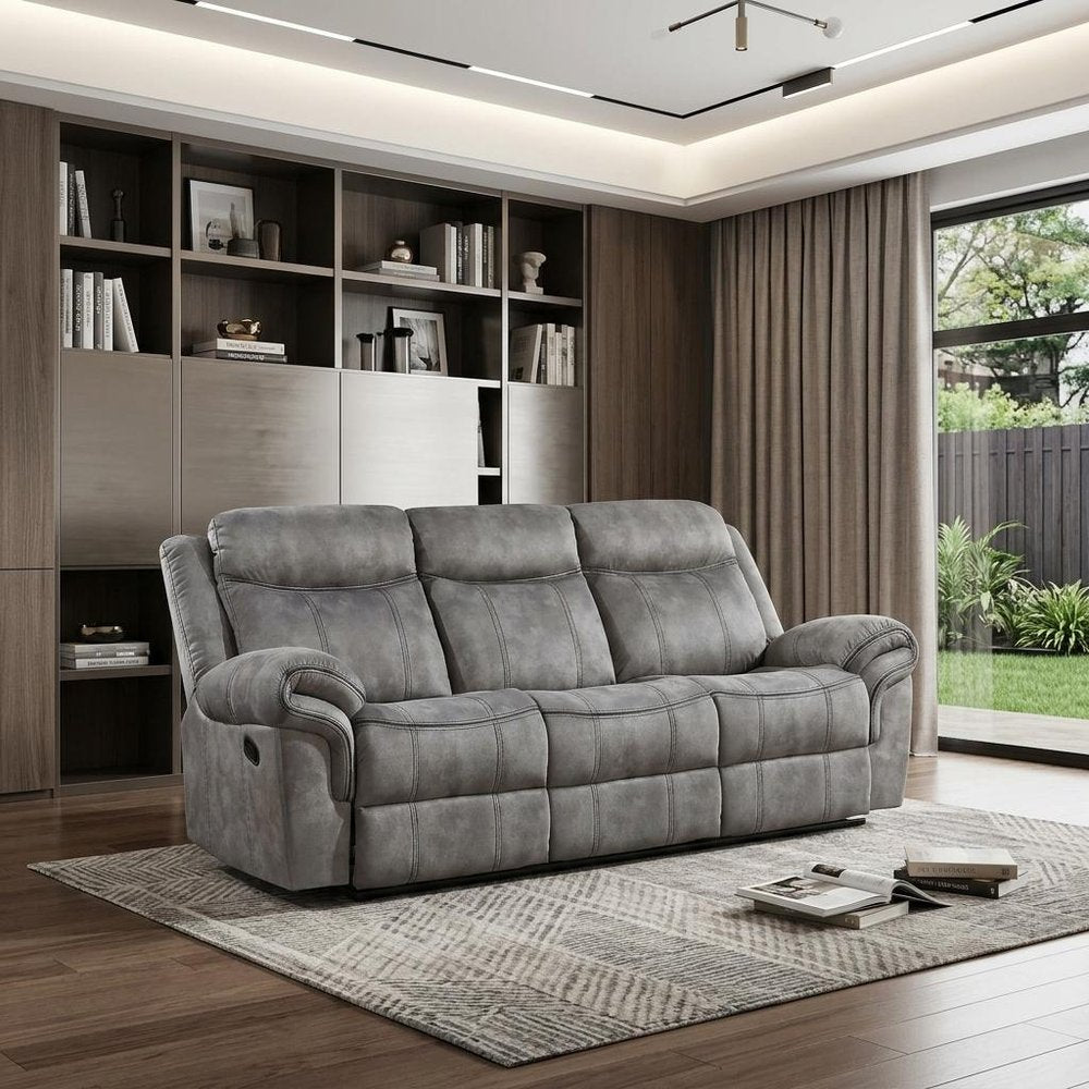 87" Gray Velvet Reclining USB Sofa With Black Legs in a home interior