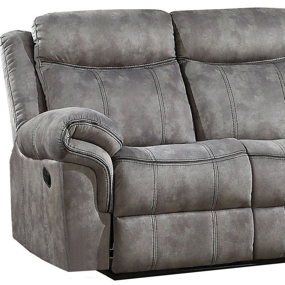 87" Gray Velvet Reclining USB Sofa With Black Legs close-up detail