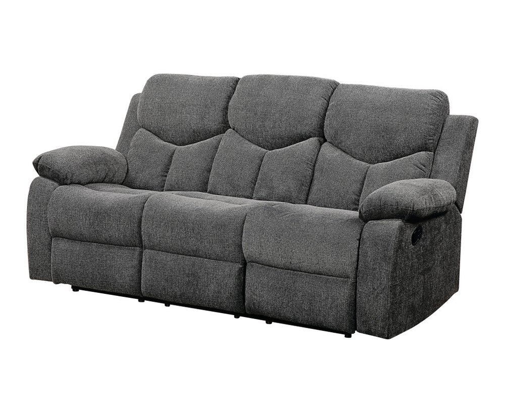 82" Gray Chenille Reclining Sofa With Black Legs on a white background