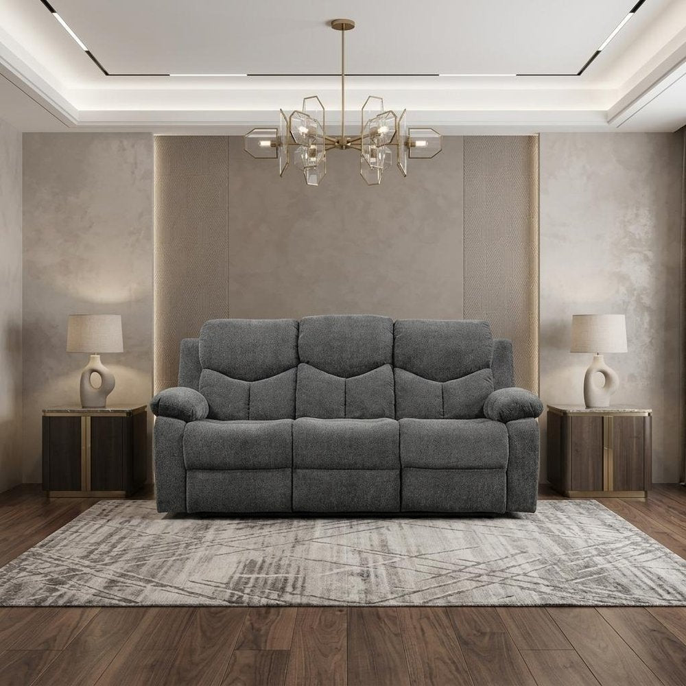 82" Gray Chenille Reclining Sofa With Black Legs close-up detail