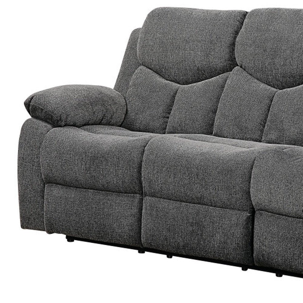 82" Gray Chenille Reclining Sofa With Black Legs on a white background