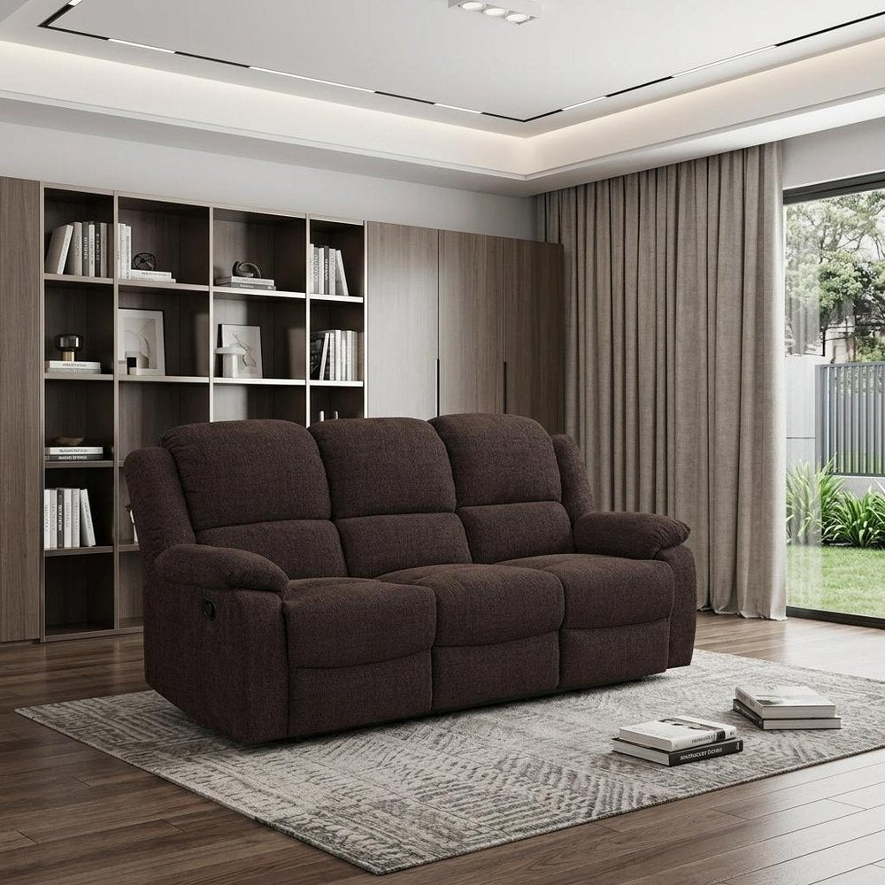 79" Brown Chenille Reclining Sofa With Black Legs