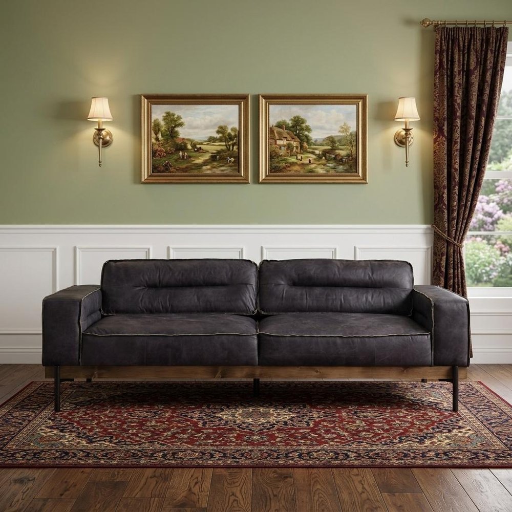 96" Ebony Top Grain Leather Sofa With Black Legs in a home interior