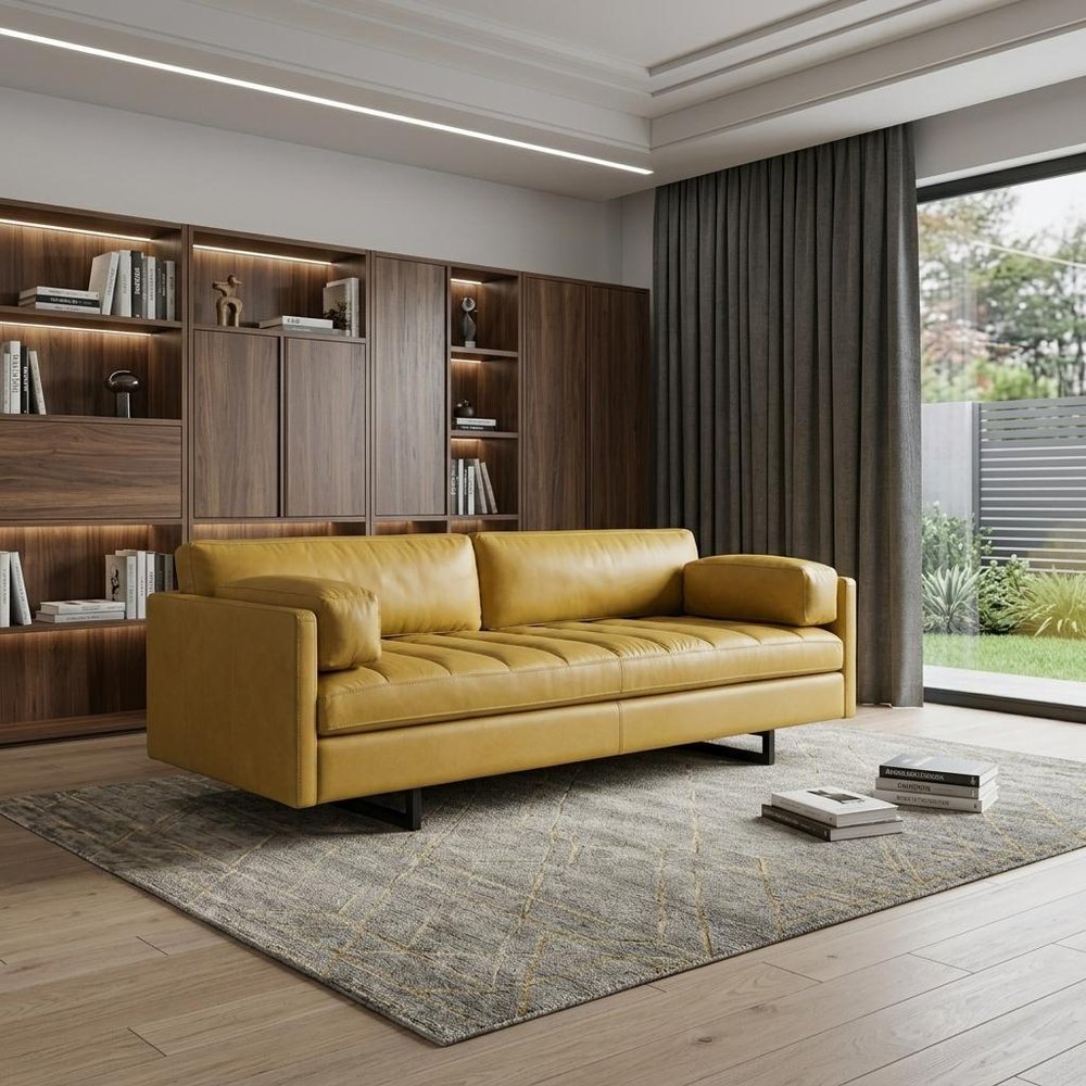 74" Mustard Top Grain Leather Sofa With Black Legs