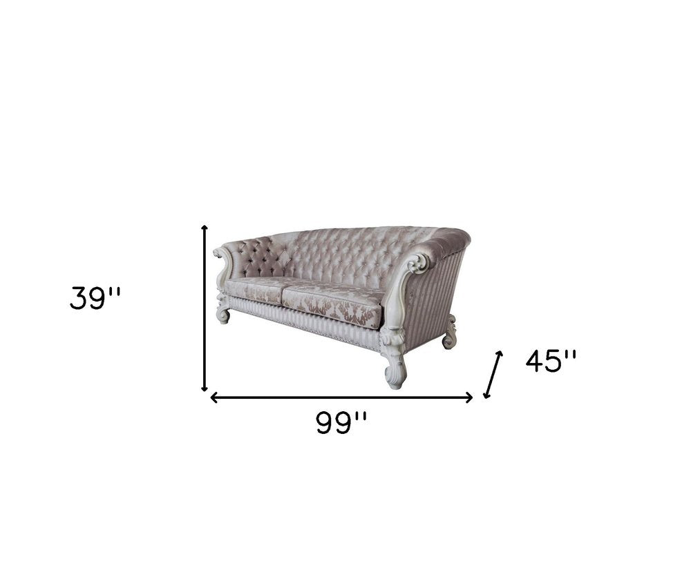 99" Ivory Velvet Damask Sofa And Toss Pillows With Bone Legs on a white background