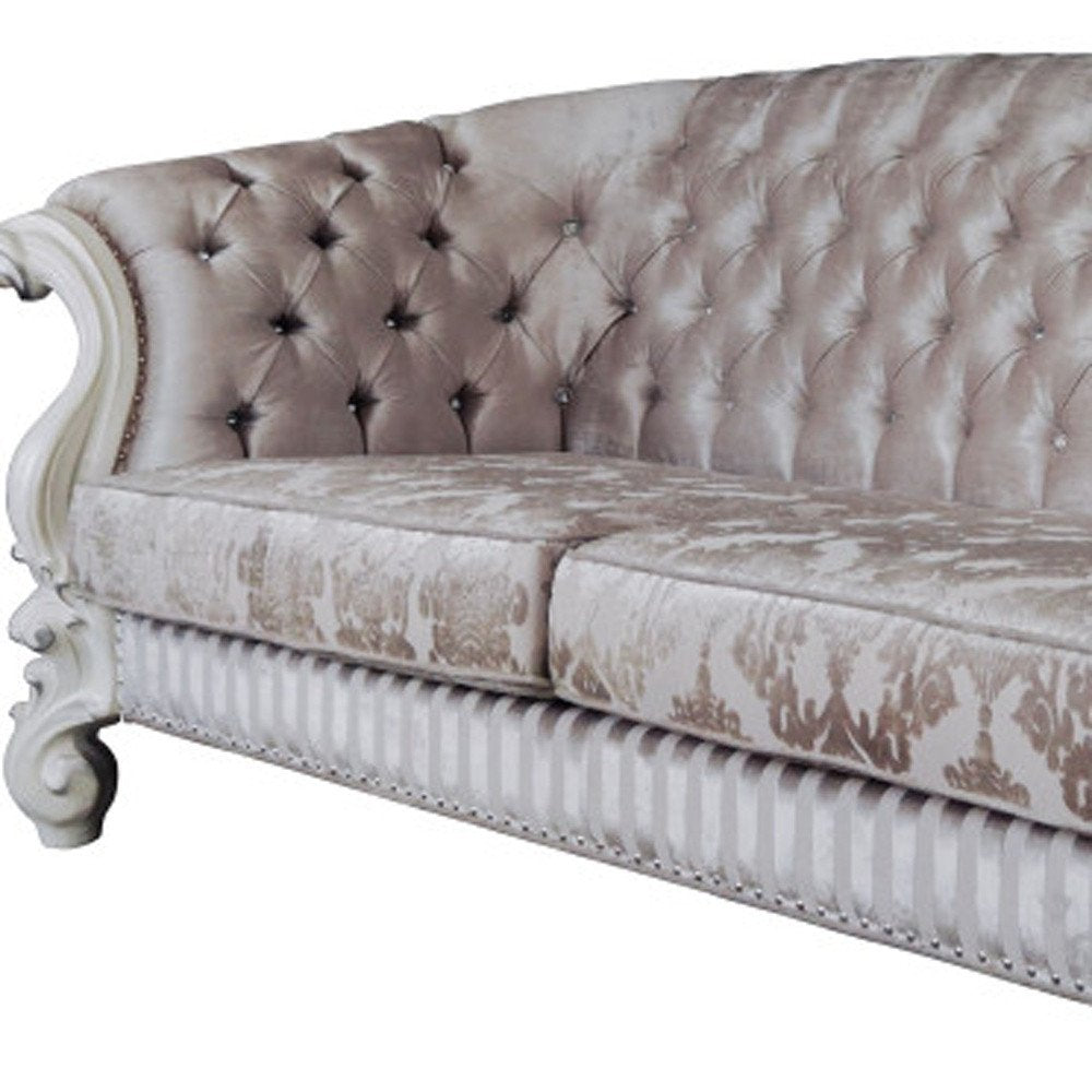 99" Ivory Velvet Damask Sofa And Toss Pillows With Bone Legs on a white background
