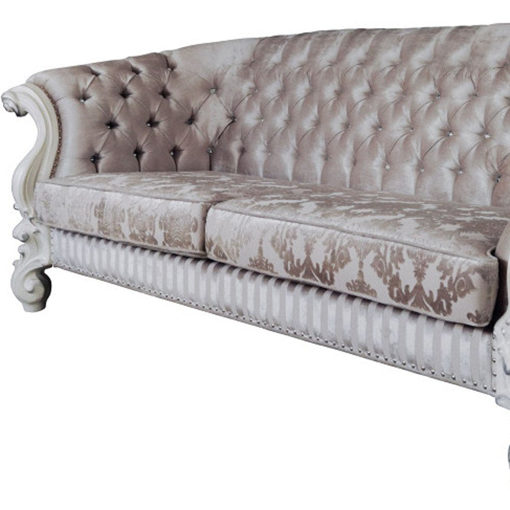 99" Ivory Velvet Damask Sofa And Toss Pillows With Bone Legs on a white background