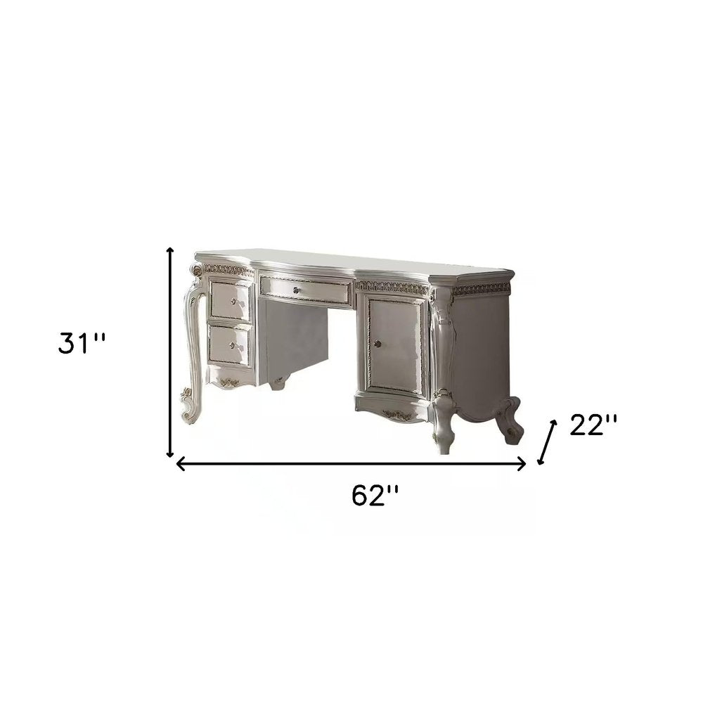 62" Pearl Wood Vanity Table With Three Drawers. Vanity table isolated on a plain white background, in a gray wood finish.