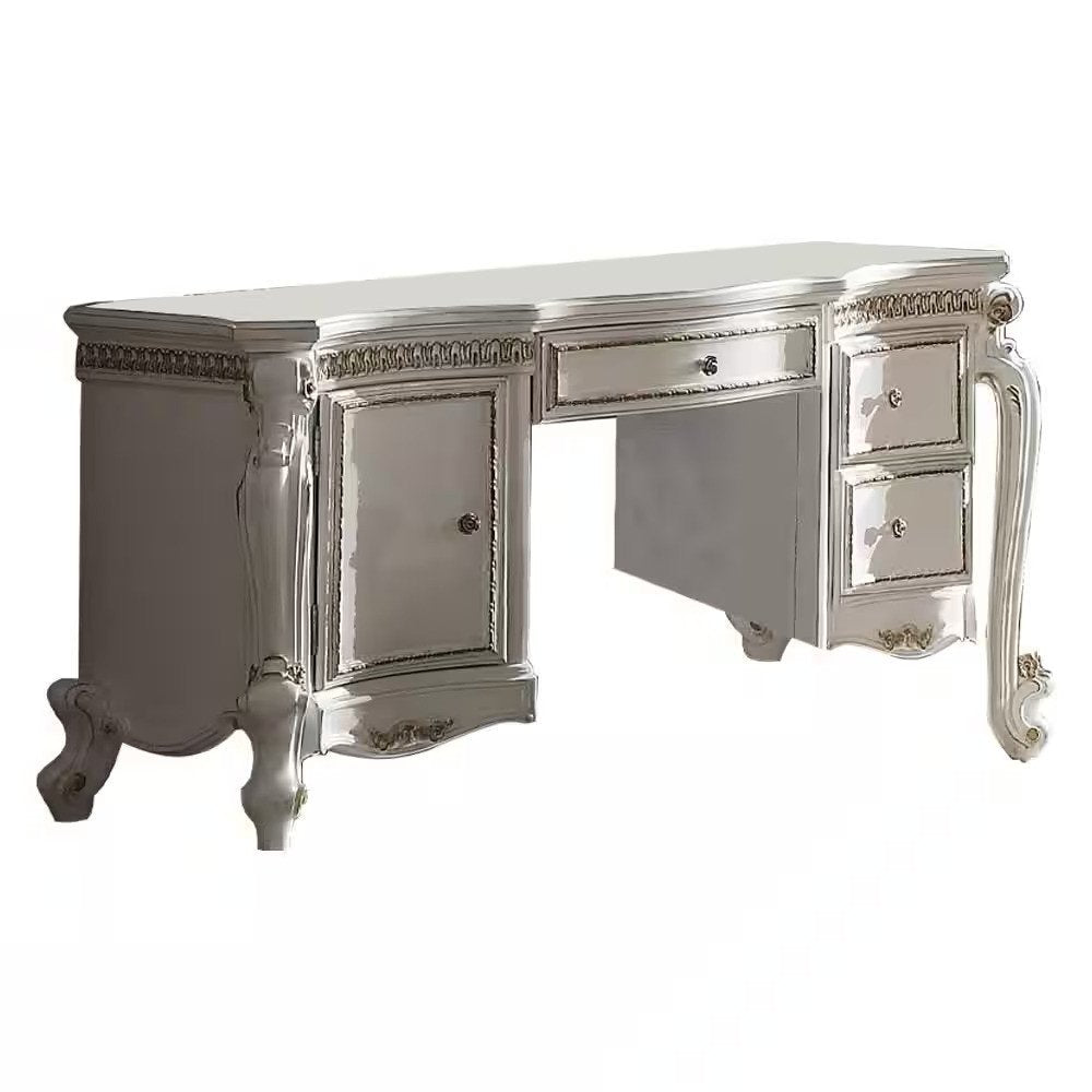 62" Pearl Wood Vanity Table With Three Drawers. Vanity table isolated on a plain white background, finished in gray wood.