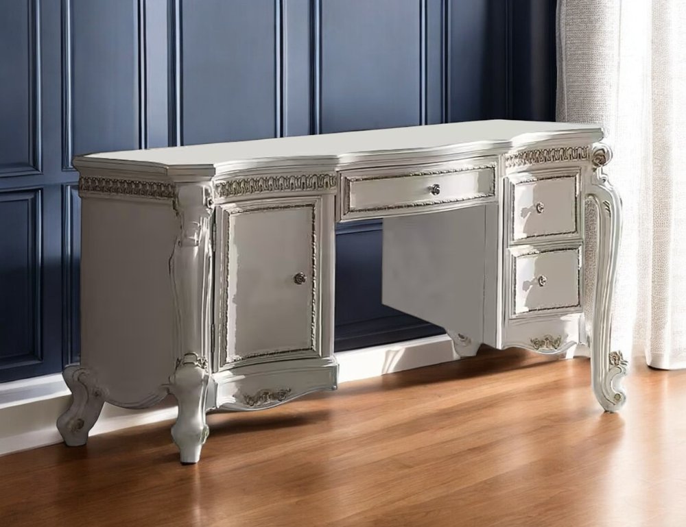 62" Pearl Wood Vanity Table With Three Drawers. Vanity table in blue wood.