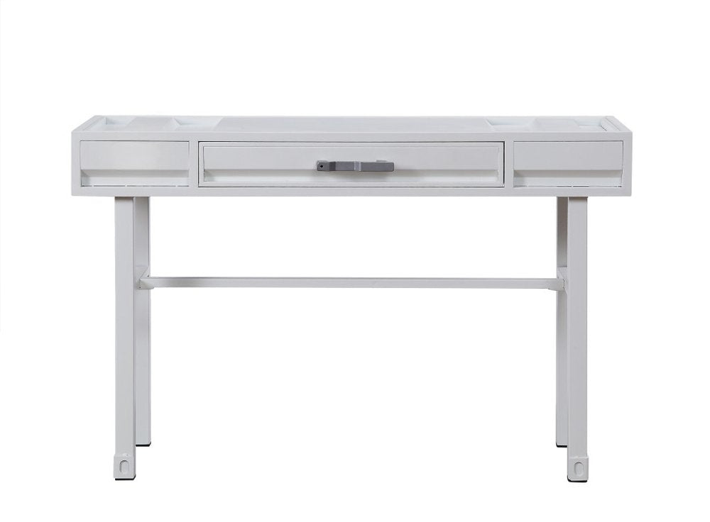 47" White Iron Vanity Table. Vanity table isolated on a plain white background, in a white metal finish.