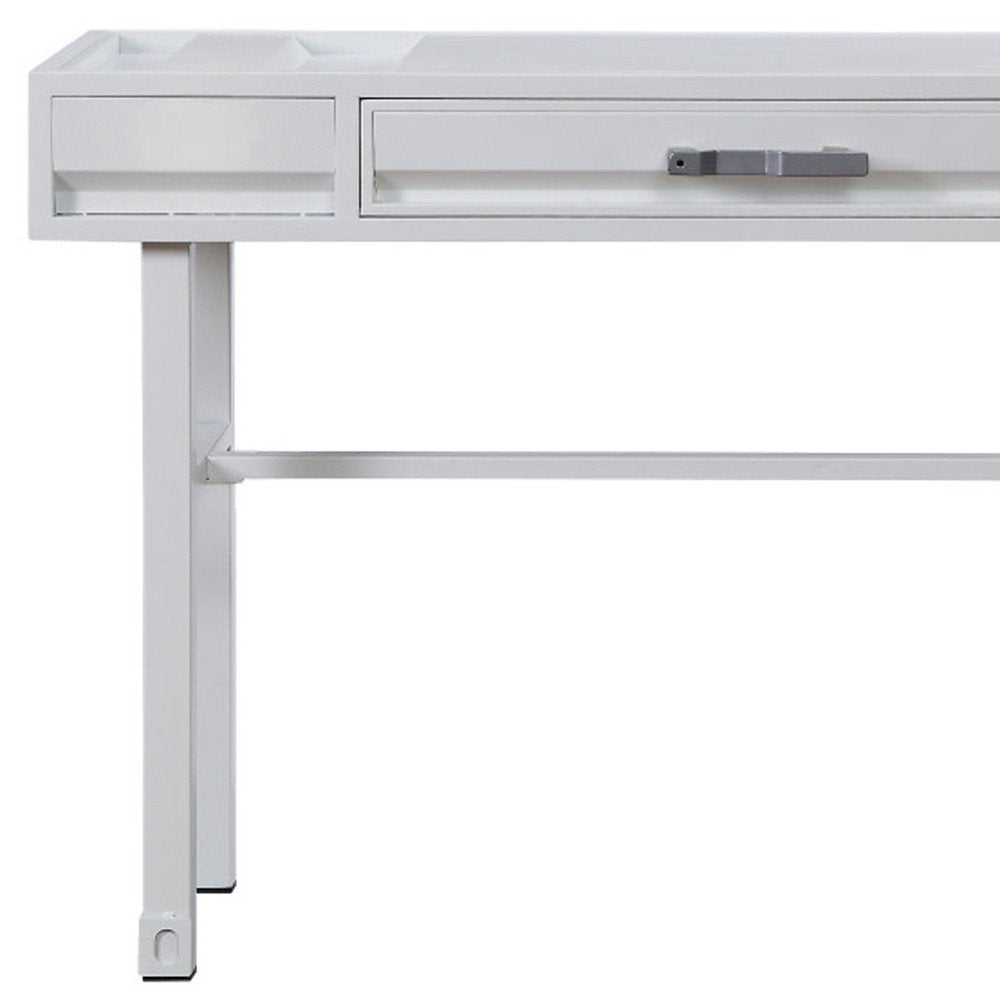 47" White Iron Vanity Table. Vanity table isolated on a plain white background, showing a white metal surface.