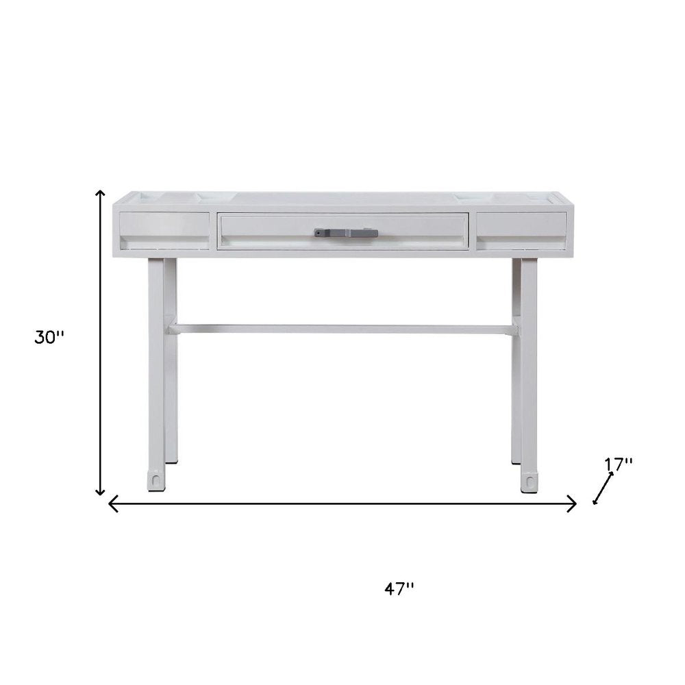 47" White Iron Vanity Table. Vanity table isolated on a plain white background, finished in white metal.