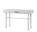 White iron vanity table with one central drawer and two side drawers, set against a white background.