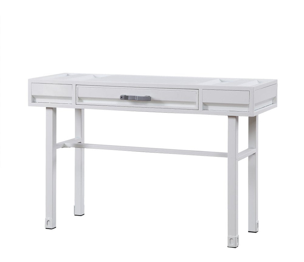 White iron vanity table with one central drawer and two side drawers, set against a white background.