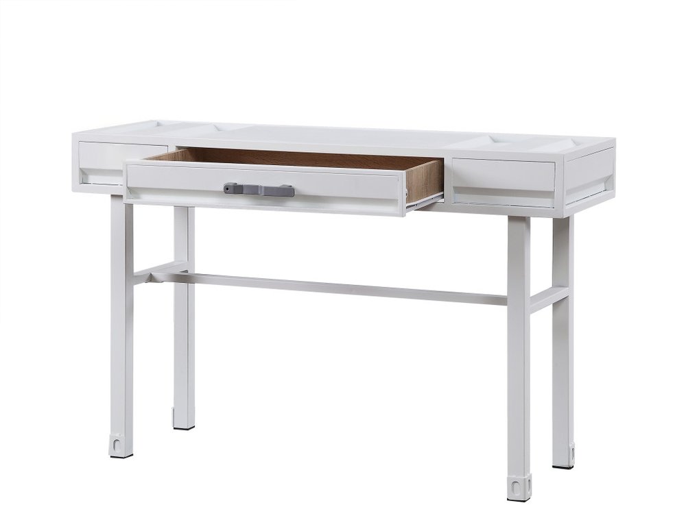 47" White Iron Vanity Table. Vanity table isolated on a plain white background, showing a white metal surface.