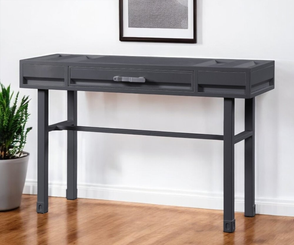 47" Gunmetal Iron And Wood Vanity Table. Vanity table isolated on a plain white background, showing a charcoal metal surface.