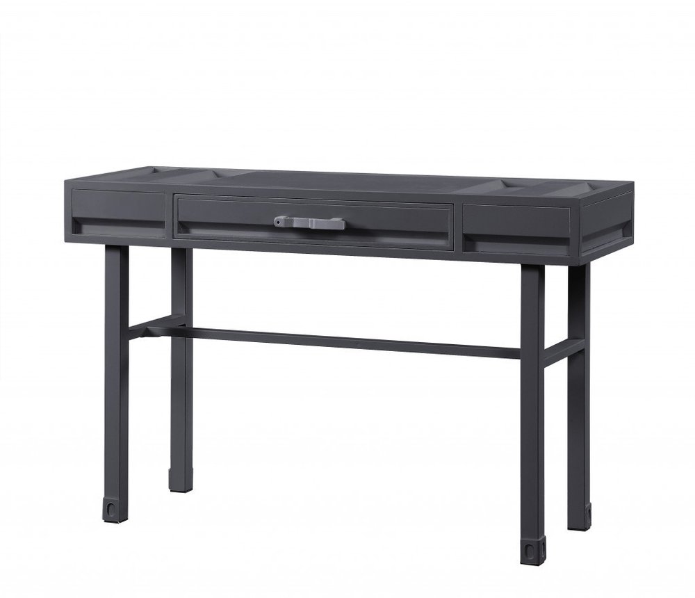 47" Gunmetal Iron And Wood Vanity Table. Vanity table isolated on a plain white background, in a charcoal metal finish.